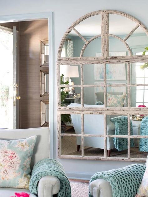 Oversized Mirror - 13 Ways to Make a Small Living Room Look Bigger on HGTV Shabby Chic Beach, Small Living Room Design, Decor Ikea, Cool Mirrors, Living Room Mirrors, Living And Dining Room, Living Room Diy, A Living Room, A Mirror