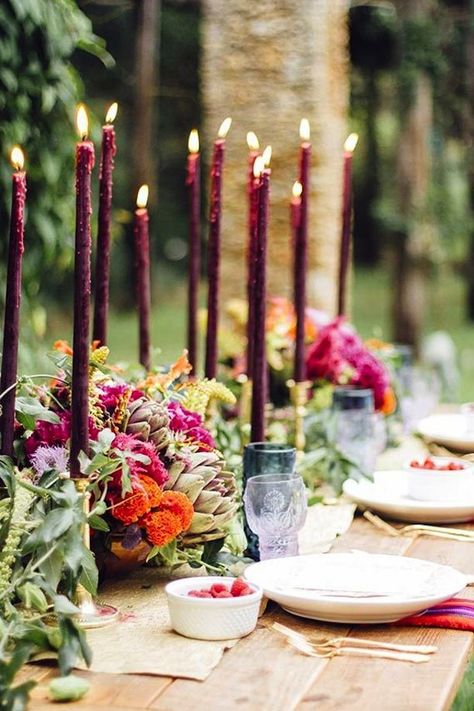 Colored Candles | Feng Shui Interior Design | The Tao of Dana Peruvian Inspired Wedding, Thanksgiving Table Settings Elegant, 21 Dinner, Colored Taper Candles, Flowers And Candles, Setting Inspiration, Marsala Wedding, Party Hardy, Beautiful Tablescapes