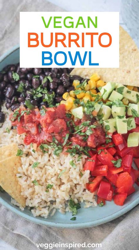 Super Simple Vegan Burrito Bowl - make this your go-to lunch or dinner in a pinch! Made using pantry staples, this vegetarian bowl takes less than 20 minutes, making it perfect for a weeknight meal! And it's budget friendly! Grab some tortilla chips and dig in to this easy meatless meal. December Meals, Vegetarian Bowl, Vegan Burrito Bowl, Vegetarian Bowls, Vegan Burrito, Meatless Meal, Grain Bowls, Grain Bowl, Vegetarian Dinners