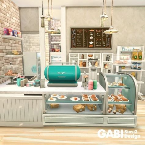 Sims 4 Coffee Shop Interior, Bakery Sims 4 No Cc, Cafe Build Bloxburg, Sims 4 Bakery Ideas, Sims Cc Restaurant, Bloxburg Cafe Outside, Sims 4 Restaurants Cc, Sims Shop Ideas, Bloxburg Cafe House