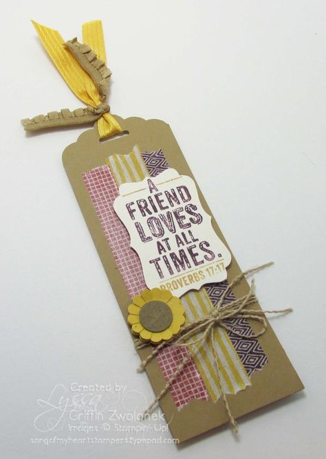 Have you tried making a bookmark with the new Tag Topper Punches from Stampin' Up? You will love how easy it is! Cut your cardstock to 5.5 by just a hair under two inches (it slides better in the punch that way). You can get 8 bookmarks from a single sheet of 8.5x11 cardstock! That makes this a fabulous project for school, social clubs, or ladies' meetings. I reccomend colored cardstock or the naturals specialty papers, rather than the thinner ultrasmooth vanilla and white varieties. The ... Autumn Bookmark, Recuerdos Primera Comunion Ideas, Washi Tape Projects, Creative Bookmarks, Bookmark Craft, The Punch, Scrapbooking Techniques, Flip Cards, Diy Bookmarks