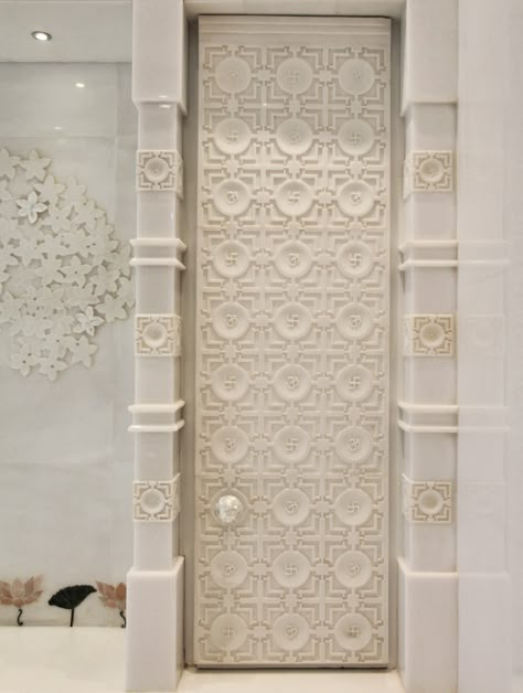 Mandala Mandir, New Delhi | Odyssey | Abstractions in Stone Mandir Door, Stone Railings, Carpentry Ideas, Pooja Unit, Columns Decor, Modern White Living Room, Wall Pop, Feature Wall Design, Spanish Garden