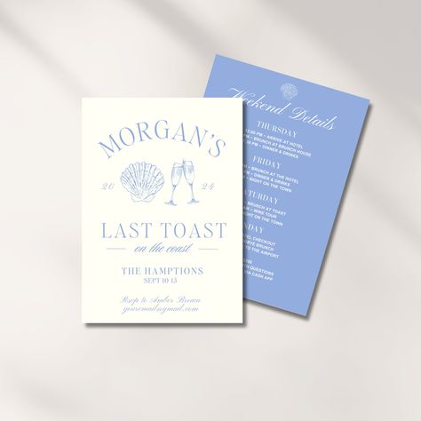 Coastal Bachelorette Party Invitation Template, Last Toast on the Coast Bachelorette Party Itinerary, Editable Beach Bachelorette Invite **This is a digital item - editing is completed by the buyer** --------------------- ✨ DESCRIPTION ✨ --------------------- This template is editable using the free version of Canva! Our templates save you significant time and keep your marketing on brand and cohesive. Simply edit text, change fonts and add your contact details! ------------------------ ✨ HOW IT Coastal Bachelorette Party, Coast Bachelorette Party, Toast On The Coast Bachelorette, Coastal Bachelorette, Party Itinerary, Last Toast On The Coast, Toast On The Coast, Bachelorette Invite, Bachelorette Party Itinerary