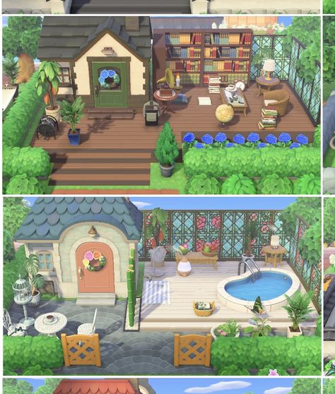 Animal Crossing Island Inspiration House Exterior, Acnh Resident Home Ideas, Outdoor Bath Animal Crossing, Acnh Outdoor House Ideas, Resident Houses Animal Crossing, Acnh Island Home Exterior, Animal Crossing Island Neighborhood, Acnh Neighbor House Ideas, Acnh Home Ideas Exterior