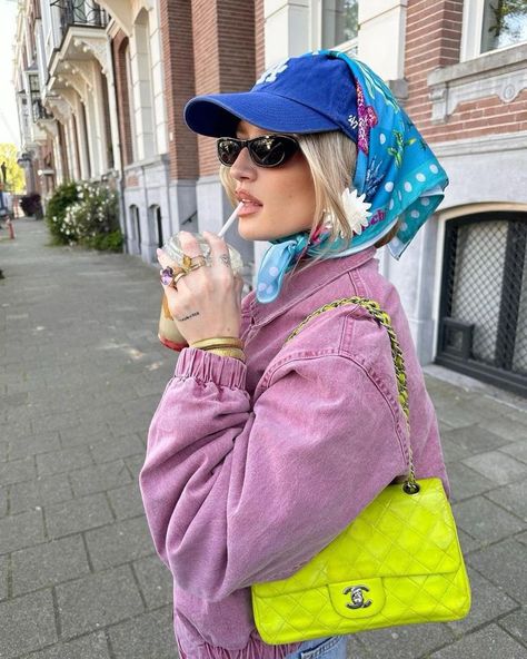 Scarf Flower, Sunglasses Chanel, Jewelry Stack, Blue Baseball Cap, Colorful Outfit, Blue Hat, Head Scarf, Flower Earrings, Matcha