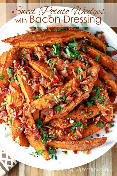 Sweet Potato Wedges with Bacon Dressing Recipe | A sweet and savory side dish that everyone loves! Yummy Potatoes, Paleo Veggies, Bacon Vinaigrette, Roasted Baby Carrots, Bacon Dressing, Sweet Potato Wedges, Potato Wedges, Bacon Recipes, Baby Carrots