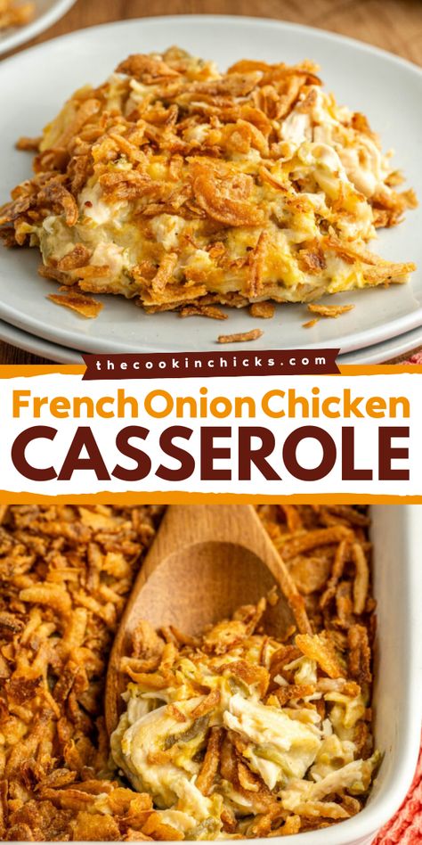 Elevate your weeknight dinner recipes by learning how to make the best french onion chicken bake out there! It's a simple comfort food at its finest that the whole family will love! So good! Tasty Onion Chicken, Chicken And Rice French Onion Casserole, French Onion Chicken Noodle Casserole, Chicken French Onion Casserole, French Onion Chicken And Rice Casserole, Chicken With French Fried Onions, Chicken Caseroles, Crispy Onion Chicken, French Onion Chicken And Rice