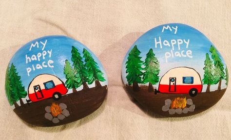 Happy Camper Painted Rocks, Camper Painted Rocks Ideas, Camping Painted Rocks Ideas, Camper Rock Painting, Camper Painted Rocks, Camping Painted Rocks, Painted Bricks Crafts, Camping Crafts For Kids, Brick Crafts