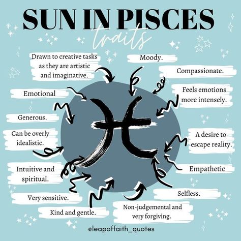 Leap Of Faith - Astrology 🔮🌙 on Instagram: "SUN IN PISCES TRAITS // hello all our Pisces babes! Who here is an Pisces Sun? Pisces are known for being intuitive, compassionate, spiritual, emotional, kind and dreamy. They are also known to be moody, lazy, idealistic, overly-sensitive and escapists. Pisces is ruled by the planet Neptune (the modern ruler and Jupiter the original ruler until Neptune was found to exist!), the planet of inspiration, dreams, psychic receptivity, illusion, and confusi Sun In Pisces Aesthetic, Pisces Witchcraft, Pisces Personality Traits, Sun In Pisces, Pisces Sun Sign, Overly Sensitive, Sidereal Astrology, Planet Neptune, Pisces Personality