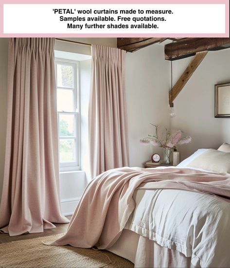 PINK WOOL FABRIC SAMPLE. MTM WINDOW CURTAINS. PENCIL EYELET PINCH PLEAT DOOR BAY Pink Bedroom Curtains, Tweed Curtains, Wool Curtains, Light Pink Bedrooms, Bay Door, Pink Curtains, Wooden Poles, Pink Tweed, White Cottage