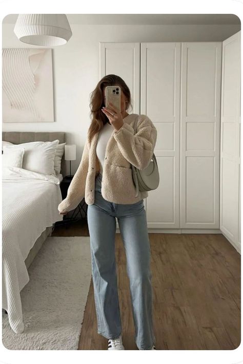 Neutral bedroom look with a cozy sweater and jeans. Casual November style for staying in or stepping out. Soft tones make this perfect for home or coffee dates. November Style, Neutral Winter Outfit, Classic Black Boots, November Fashion, Outfit Ideas 2024, Light Denim Jeans, Casual Outfit Ideas, Pea Coats Women, Wool Peacoat