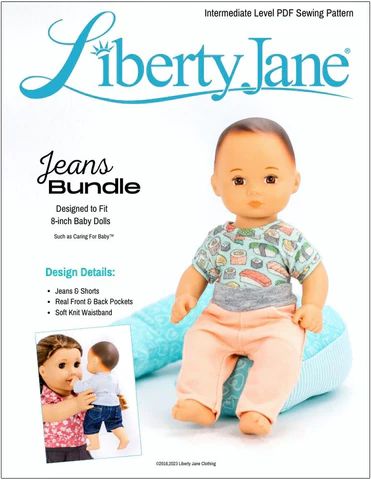 Liberty Jane Jeans Bundle Doll Clothes Pattern 8 inch Baby Dolls Bitty Baby Clothes, T Shirt Sewing Pattern, Baby Doll Clothes Patterns, Doll Clothes Pattern, Journey Girls, Patterned Jeans, Clothes Pattern, Baby Doll Clothes, Bitty Baby