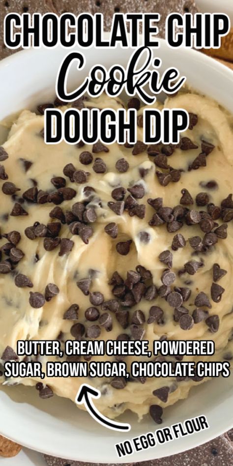 A delicious cookie dough dip with the flavor you love of raw chocolate chip cookie dough without the raw egg! This cookie dough dip tastes like chocolate chip cookies, but is egg and flour-free making it totally safe for every member of your family! Chocolate Cookie Dough Dip, Cookie Dough Without Flour, Bailey Recipes, Chocolate Chip Cookie Dough Dip, Cookie Dough Dip Recipe, Chocolate Chip Dip, Easy Peach Cobbler Recipe, Cookie Dough Dip, Creamy Recipes