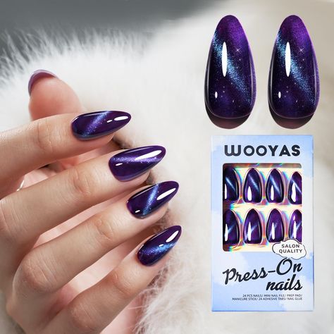 PRICES MAY VARY. Made by Gel: Wooyas handmade press on nails stand out with their authentic gel finish, handmade by skilled manicurists. Enjoy a elegant, salon-quality look, thinner cuticles, and a seamless, natural fit. Safe and comfortable: Wooyas medium almond fake nails in dark purple color are crafted from top-grade, non-toxic, and odorless ABS material. These soft, elastic nails exert no pressure on your natural nail bed, ensuring a comfortable and safe experience. Timeless Cat-eye Design: Nails With Blue Glitter, Blue Glitter Top, Magnetic Gel Nails, Nails With Blue, Press On Nails Almond, Nails Kit, Medium Almond, Lovely Nails, Dark Violet