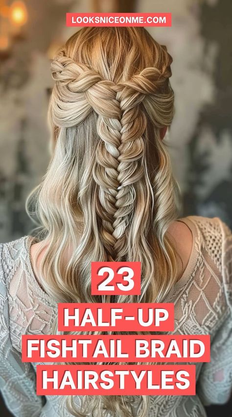 In this article, you’ll discover various half-up fishtail braid hairstyle ideas that are easy to recreate and suitable for different hair types and lengths. Whether you’re aiming for a romantic, boho look or a sleek, polished style, there’s a fishtail braid hairstyle here for you. Fishtail Half Up, Waterfall Braid Half Up Half Down, Fishtail Wedding Hair, Half Up Fishtail Braid, Fishtail Braid Wedding, Braided Half Up Half Down Hair, Boho Bridesmaid Hair, Formal Event Hair, Long Textured Hair