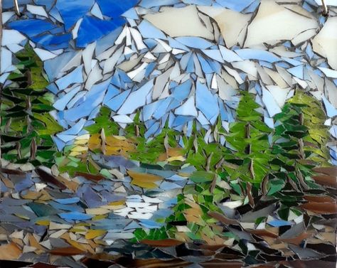 Mountain Mosaic, Mosaic Landscapes, Mountains And Lake, Tree Mosaic, Mosaic Garden Art, Mosaic Art Projects, Bear Mountain, Glass Mosaic Art, Landscape View