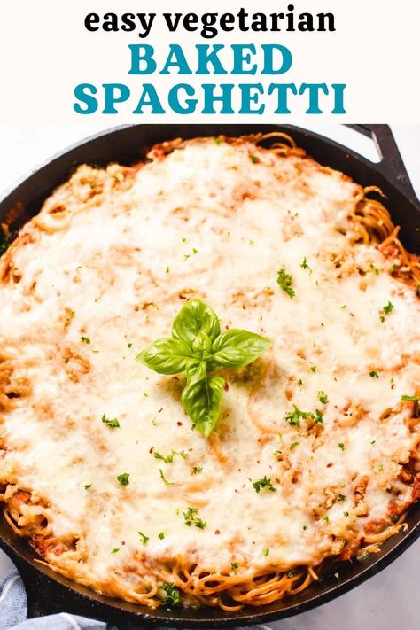 Combine spaghetti, pasta sauce, and veggies for an easy and sliceable vegetarian baked spaghetti! Inspired by spaghetti pie, this is a fantastic meatless option for family dinners and it's super easy to customize. Vegetarian Spaghetti Pie, No Meat Spaghetti Recipes, Meatless Baked Spaghetti, Spaghetti Pie Recipe Easy, Meatless Spaghetti, Easy Baked Spaghetti Recipe, Spaghetti Pie Recipes, Easy Baked Spaghetti, Spaghetti Recipes Easy