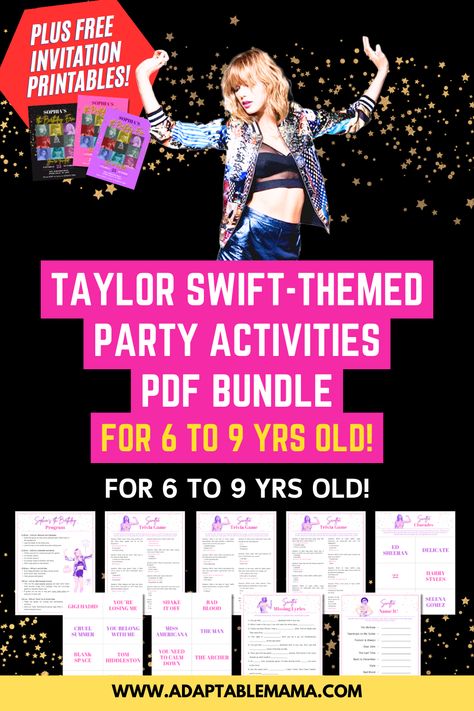 Want a Swiftie-themed birthday party for your kid? Check out these Taylor Swift-themed birthday party program and activity printables!  This editable bundle includes 4 games, a birthday program plus a FREE invitation printable! Get it now! Taylor Swift Trivia Printable, Taylor Swift Party Games Kids, Taylor Swift Birthday Party Activities, Taylor Swift Party Games, Taylor Swift Activities, Birthday Party Program, Taylor Swift Printable, Taylor Swift Birthday Invitations, Taylor Swift Themed Party