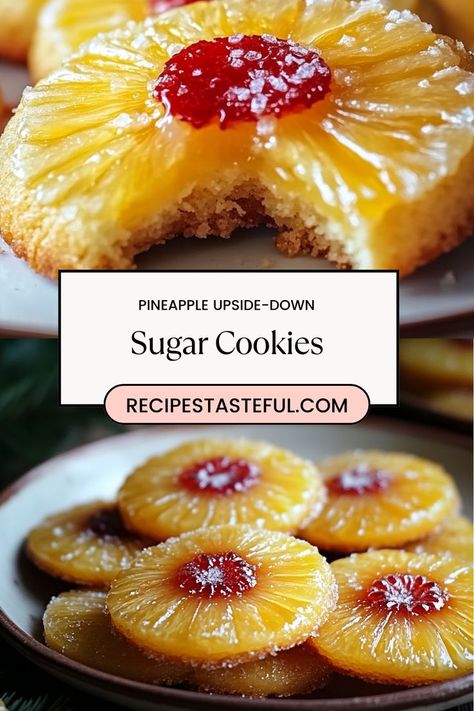 These delightfully tropical Pineapple Upside-Down Sugar Cookies combine the classic flavors of pineapple upside-down cake with a soft, buttery cookie base. Each cookie is topped with a caramelized brown sugar layer, a slice of fresh pineapple, and a cherry, creating a fun, impressive dessert perfect for any occasion! Pineapple Upside Down Fudge, Pineapple Cinnamon Sugar Cookies, Pineapple Upside Cookies, Pineapple Upside Down Cake Cookies, Upside Down Pineapple Cookies, Pineapple Upside Down Cookies Recipe, Pineapple Upside Sugar Cookies, Tropical Dessert Recipes, Pineapple Upside Down Sugar Cookies