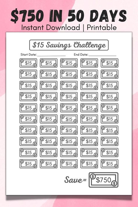 $15 Savings Challenge Printable, Mini Savings Tracker, 50 Day Money Challenge, Savings Goal 750 Dollars, Monthly Budget Log Minimalist This $15 Savings Challenge Printable is the perfect tool to help you save money and reach your financial goals! This printable is designed to make saving money easy and fun. With this challenge, you will save $15 every day for 50 da...#Art #Path #Money #Financial #Creating #Budgeting #Motivation #Mastering #the #to #Inspo #HomeTrends #Success #of #Trends #Your 1500 Money Challenge, Money Challenges, Saving Methods, Saving Money Chart, Weekly Budget Planner, Money Chart, Savings Goal, Savings Challenge Printable, Money Saving Methods