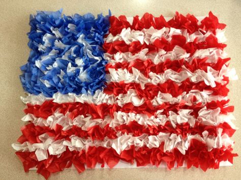 American Flag Craft, School Age Crafts, American Flag Crafts, Fourth Of July Crafts For Kids, Tissue Paper Craft, Birthday Bulletin Boards, Birthday Bulletin, Flag Crafts, 4th Of July Parade