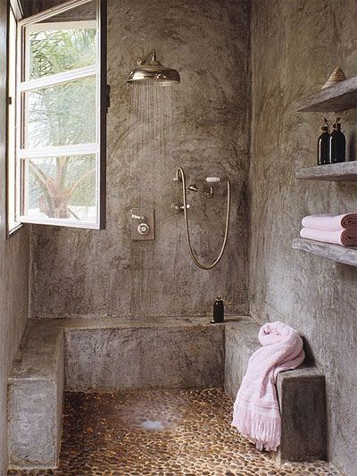 {this is glamorous} : adventures in love, design, fashion, home decor, food and travel: {décor inspiration: concrete & gold} Concrete Bathroom Design, Baie Vintage, Concrete Shower, Bathrooms Inspiration, Open Showers, Concrete Bathroom, Bad Inspiration, Bad Design, Earthship