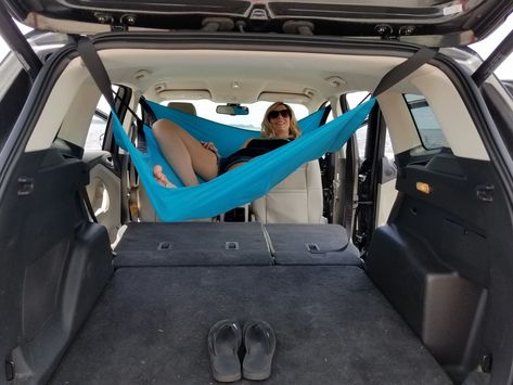 Suv Camping Accessories, Van Hammock Bed, Car Camping Gadgets, Hammock In Van, Compact Car Camping, Car Camping Suv, Suv Hammock, Car Camping Set Up, Van Hammock