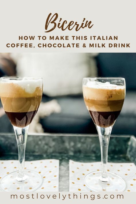 2 small wine glasses with 3 layer coffee drink on metal tray Coffee Specials, Coffe Drinks, Baileys Drinks, Hot Coffee Drinks, Coffee And Milk, Italian Drinks, Hot Drinks Recipes, Drink Garnishing, Stanley Tucci