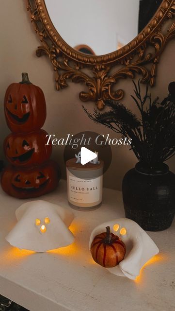 Air Dry Pumpkins, Air Dry Clay Pumpkins, Spooky Date Night, Clay Candle Holders, Candle Diy, Clay Candle, Ghost Lights, Tealight Candles, Styrofoam Ball