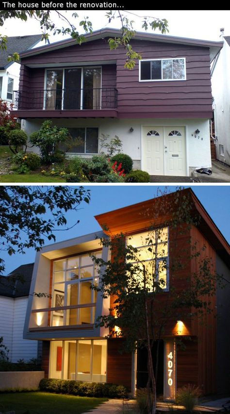 House Renovation Ideas - 17 Inspirational Before & After Projects // This 1960’s “Vancouver Special” house in Vancouver’s Dunbar neighbourhood received a complete redesign. Exterior Renovation Before And After, Exterior Remodel Before And After, House Renovation Ideas, House Exterior Before And After, Vancouver Special, Diy Remodeling, Vancouver House, House Makeovers, House Before And After