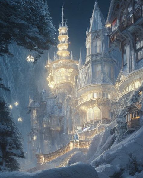 beautiful snowy mountain Snow Mountain City Fantasy Art, Fantasy Snow Kingdom Aesthetic, Snowy City Fantasy Art, Fantasy Snow Castle, Snowy Kingdom Fantasy Art, Snowy Castle Fantasy Art, Winter Fantasy Castle, Snowy Mountain City Fantasy Art, Snowy Kingdom Aesthetic