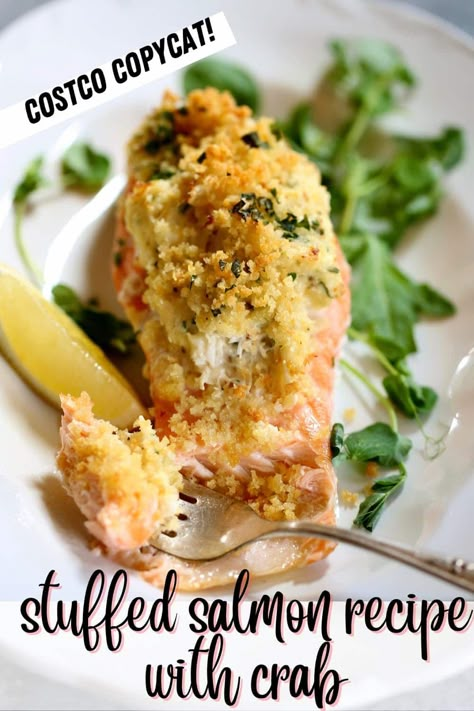 Fresh Salmon is stuffed with a delectable filling of fresh crab meat, cream cheese and seasonings, just like the Costco version, but made at home! Costco Stuffed Salmon Recipe, Stuffed Salmon Recipe, Costco Copycat, Crab Stuffed Salmon, Stuffed Salmon, Crab Stuffed, Food Innovation, Salmon Dinner, Pescatarian Recipes