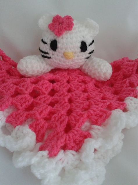 Hello Kitty Crochet Blanket, Crochet Hello Kitty, Crochet Security Blanket, Kitty Amigurumi, Baby Blankie, Hello Kitty Crochet, Lovey Pattern, Crochet Lovey, Kitty Baby