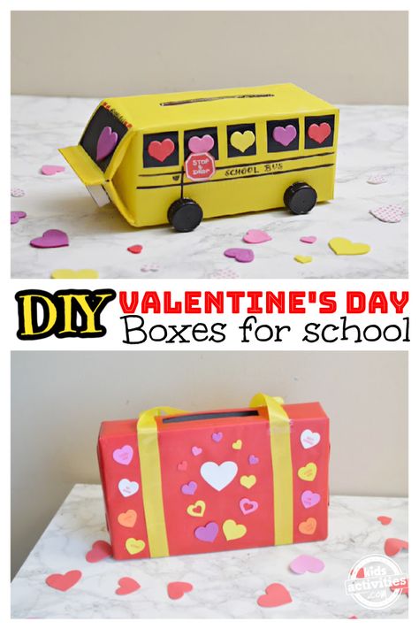 Milk Carton Valentine Boxes, School Bus Valentine Box Ideas, Cereal Box Valentine Boxes, Mailbox Ideas Diy, Valentine Box Ideas For School, Homemade Valentine Boxes, Valentines Diy Kids, Kids Valentine Boxes, School Kids Activities