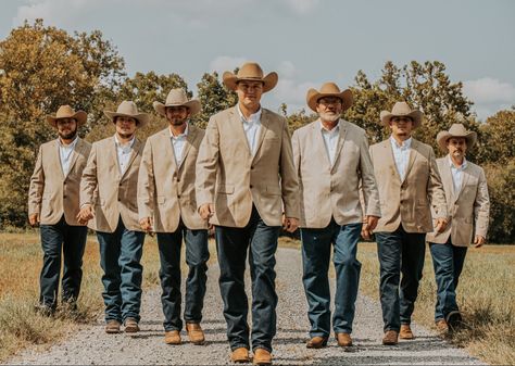 Tan Suit Cowboy Wedding, Grooms In Jeans And Boots, Boho Groomsmen Attire Jeans, Tan Vest And Blue Jeans Wedding, Tan Sports Coat With Jeans Wedding, Tan Suit With Jeans Wedding, Groom And Groomsmen Attire Tan, Western Groomsmen Attire Tan, Tan Suit With Cowboy Boots