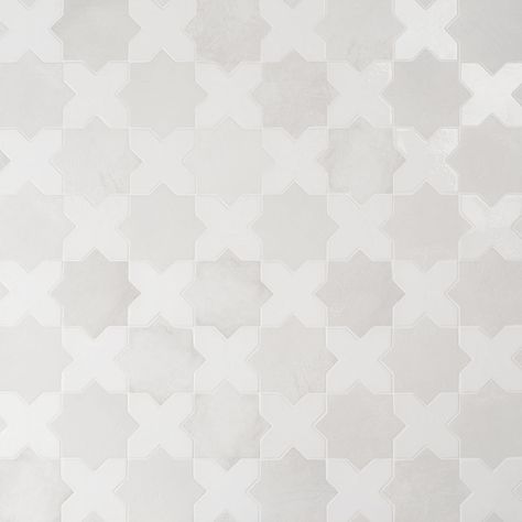 Parma White Matte Star and White Polished Cross 6" Terracotta Look Porcelain Tile | Tilebar.com Shower Style, Shower Floor Tile, Traditional Tile, Star Cross, White Polish, White On White, Commercial Flooring, Pool Tile, White Tiles