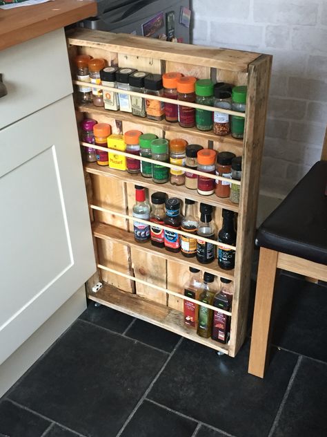 Space Saving Spice Storage, Spice Rack Pallet Ideas, Spice Rack For Small Spaces, Diy Large Spice Rack, Spice Rack On Wheels, Evermill Spice Rack, Swiss Decor, Pallet Spice Rack, Wooden Wall Spice Rack With Doors