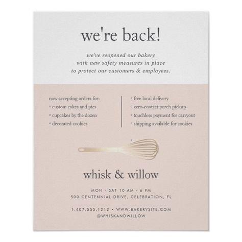 Blush & Gold Whisk Business Reopening Poster #business #reopening #supplies #grand #reopening #Poster Reopening Poster, Poster Business, Personalized Business Cards, Bakery Store, Back To Business, Were Back, Rose Gold Marble, Blush Gold, Mountain Stream