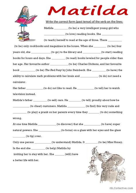 Matilda Colouring Pages, Matilda Worksheets, Matilda Teacher, Matilda Movie Poster Aesthetic, Matilda Fiship Art, Matilda Movie, Matilda Roald Dahl, Language Goals, Grammar Practice