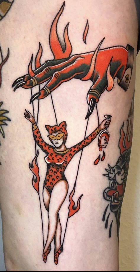 Circus Animal Tattoo, Wouldst Thou Like To Live Deliciously Tattoo, Burning Witch Tattoo Traditional, Plus Size Pinup Tattoo, Circus Tattoo Traditional, American Traditional Pinup Tattoo, Traditional Pin Up Tattoo, Devil Woman Tattoo, Hot Stuff Tattoo