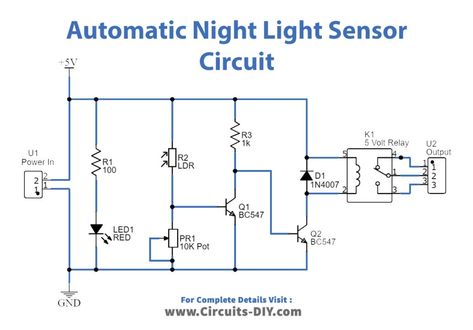 Night Light Sensor Dark Detector Electronics Projects Ldr Circuit, Electronics Project, First Transistor, Circuit Diagram, Emergency Lighting, Electronics Projects, Street Light, Light Sensor, Low Lights