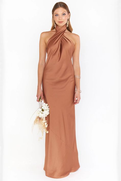 Show Me Your Mumu's Jasmine halter bridesmaid dress comes in eight colors from silver to this rich copper satin shade perfect for a romantic fall wedding. Head to the link for more satin bridesmaid dresses we love. // Photo: Show Me Your Mumu Burnt Orange Formal Dress Fall Wedding, No Flower Wedding, Blue Suit Dress, Wedding Attire Guide, Satin Bridesmaids Dress, Copper Bridesmaid Dresses, High Neck Dresses, Satin Bridesmaids, Wedding Copper