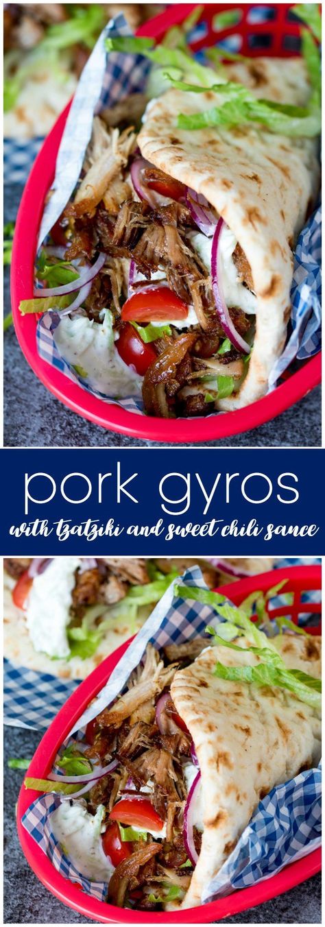 Pork Gyros with Tzatziki and Sweet Chili Sauce - This recipe for pork gyros is a keeper – one taste and you’ll be hooked! More Gyro Pork Meat Recipe, My Recipes Board, Pork Pita Recipes, Pork Gyros, Recipe For Pork, Greek Gyros, Gyro Recipe, Simply Stacie, Doner Kebab