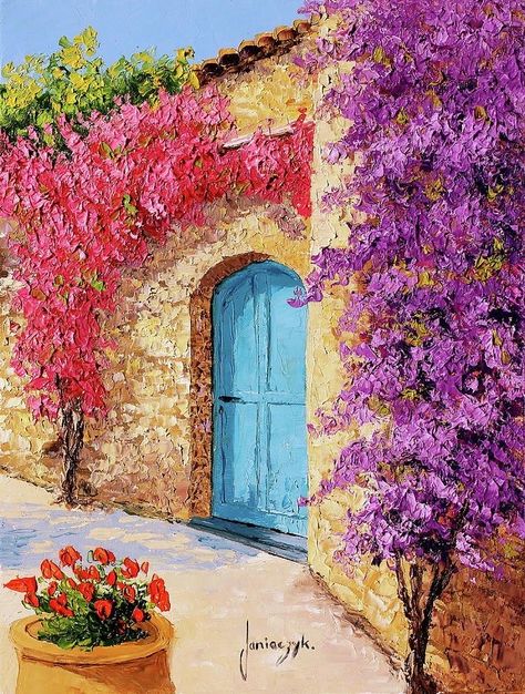 Painting Houses On Canvas, Bougainvillea House, Greece Painting, Oil Pastel Drawings Easy, Abstract Art Paintings Acrylics, Jean Marc, Easy Canvas Art, Oil Pastel Drawings, Landscape Paintings Acrylic