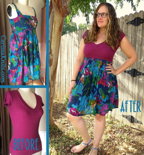 Floral Sundress - Before & After | An old tee and an old dre… | Flickr Shirt Dress Diy, Clothing Upcycle, Diy Clothes Refashion, Diy Clothes Videos, Repurposed Clothing, Old Dresses, A Match Made In Heaven, Altering Clothes, Recycled Fashion