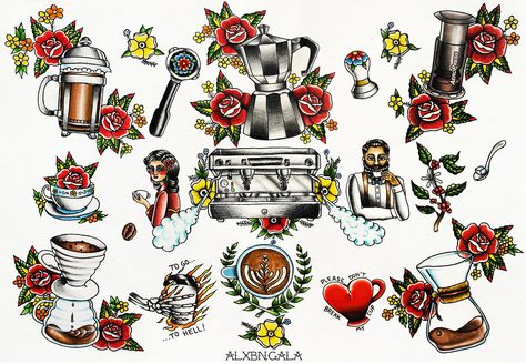 Coffee Methods, Traditional Tattoo Leg Sleeve, Coffee Cup Tattoo, Tattoo Cafe, Teacup Tattoo, Traditional Tattoo Flash Art, Neo Tattoo, Fruit Tattoo, Cup Tattoo