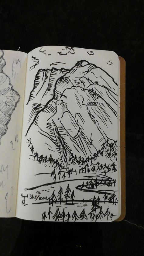 Mountain sketches Sketching Mountains, Mountain Sketches, Camp Drawing, Journal Sketches, Mountain Sketch, Pen Sketches, Book Sketch, Journal Idea, Pen Sketch