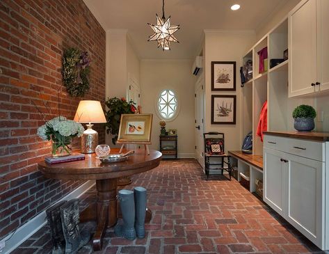 Brick Wall Entryway, Brick Floor Mudroom, Brick Floor Tile, Entry Farmhouse, Brick Tile Floor, Veneer Flooring, Mudroom Entry, Wall Entryway, Authentic Farmhouse