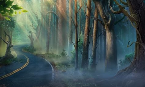 It Lives in the Woods - Forest Road (Day) Art Landscape Wallpaper, Anime Morning, Gothic Landscape, Morning Drive, Episode Interactive Backgrounds, Anime Places, Episode Backgrounds, Alternate Worlds, Scenery Background