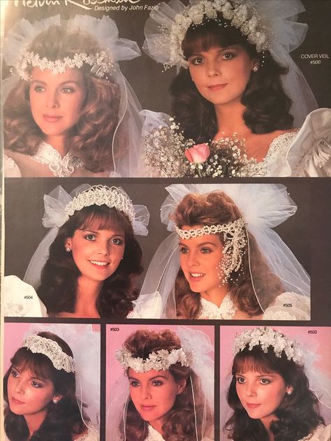 Ann Albrizio's Bridal, 1980's. 80s Bridal Hair, 80s Wedding Headpiece, 80s Wedding Hairstyles, 80s Wedding Hair, 90s Wedding Hair, 80s Wedding Aesthetic, Vintage Bridal Headpiece, Wedding Barbie, 1980s Wedding